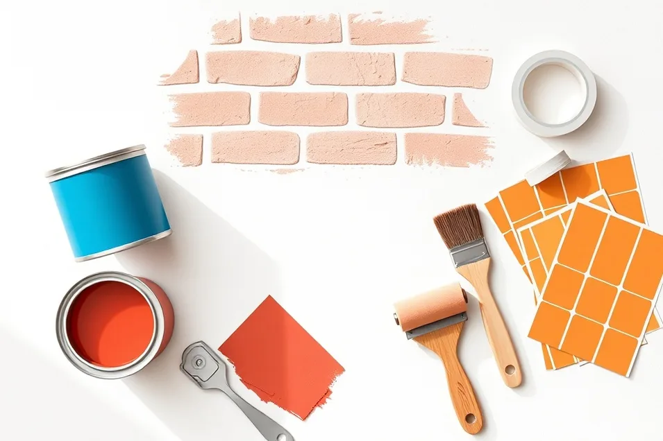 Pots de peinture, nuancier, brosses et rouleaux disposés à plat