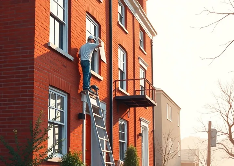 Peintre sur échafaudage traitant la façade d'une maison
